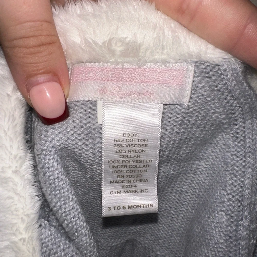 Janie and Jack Gray Knit Baby Cardigan with White faux Fur Collar 3 to 6 months